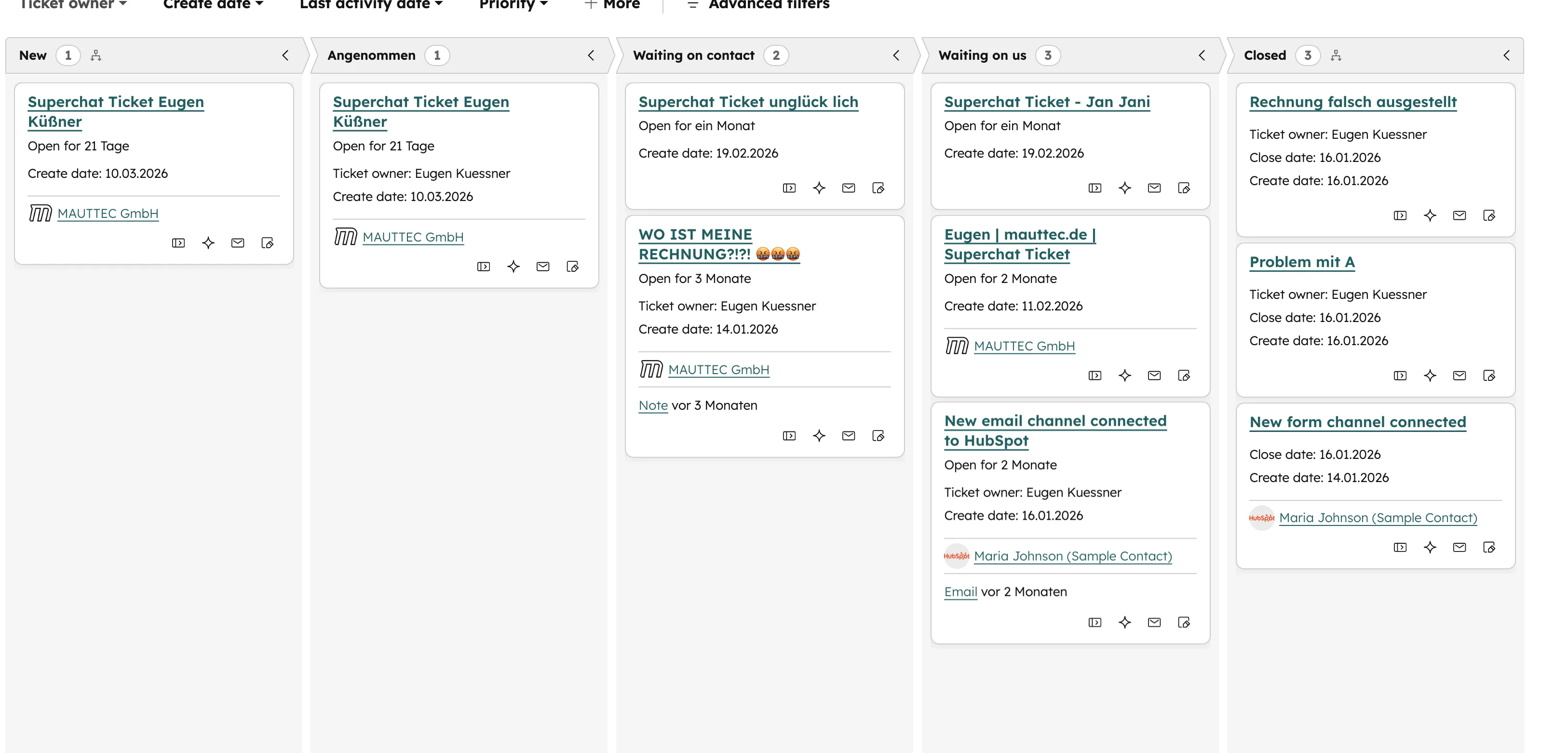 HubSpot Ticket Pipeline Kanban Board New Angenommen Waiting on Contact Closed