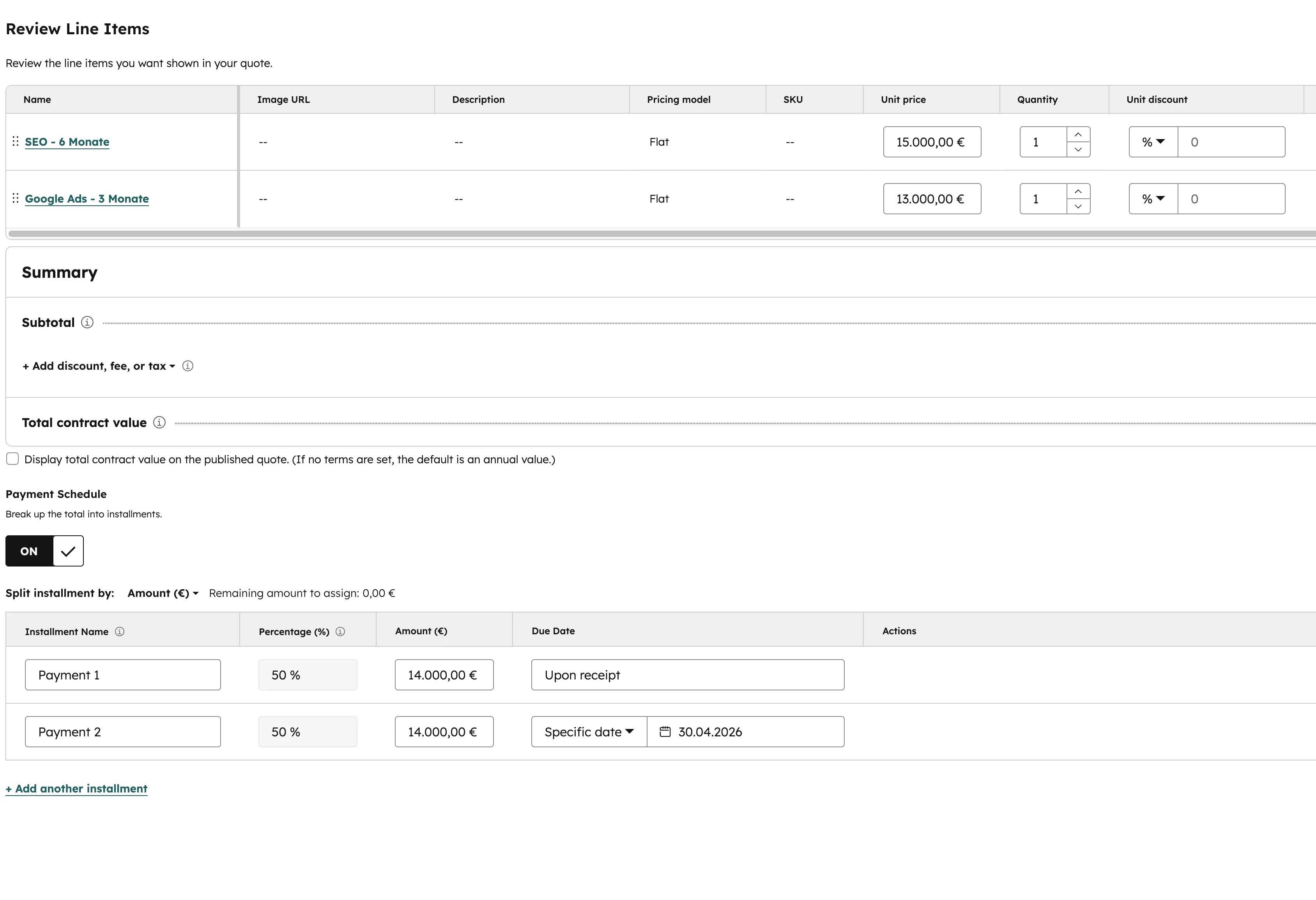 HubSpot Quote Line Items mit SEO und Google Ads, Payment Schedule 50/50 und Summary 28.000 Euro