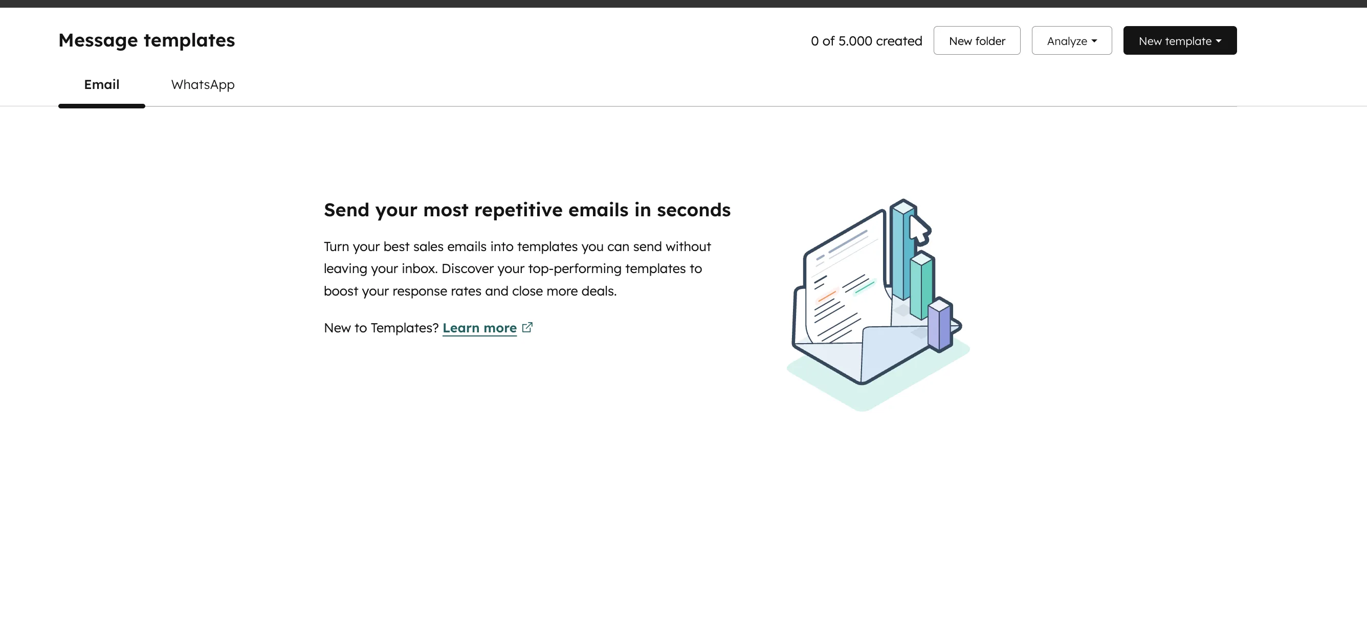 HubSpot Message Templates Übersicht 0 von 5000 erstellt Email WhatsApp