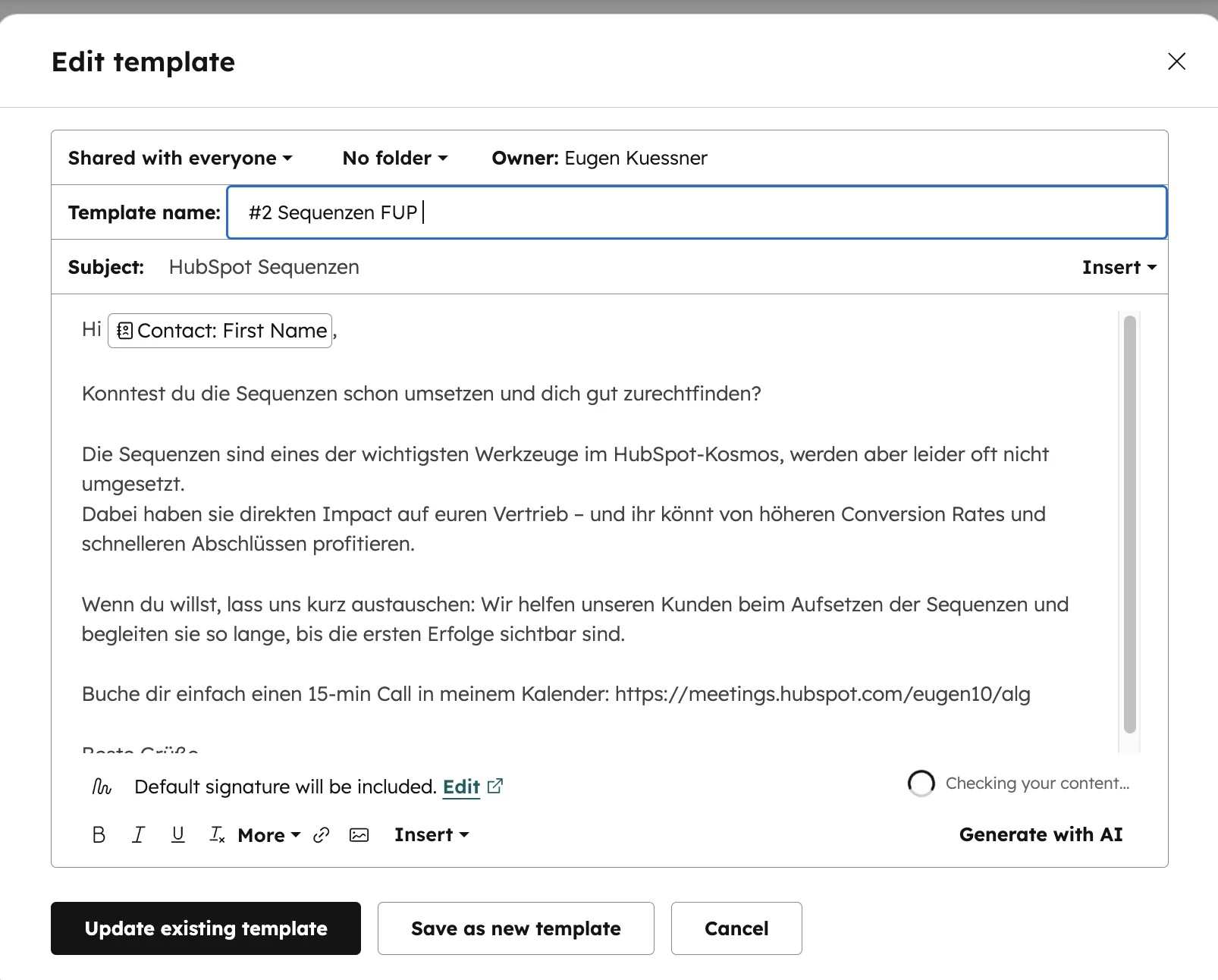 HubSpot Template Editor Sequenzen FUP Personalisierung Contact First Name Betreffzeile
