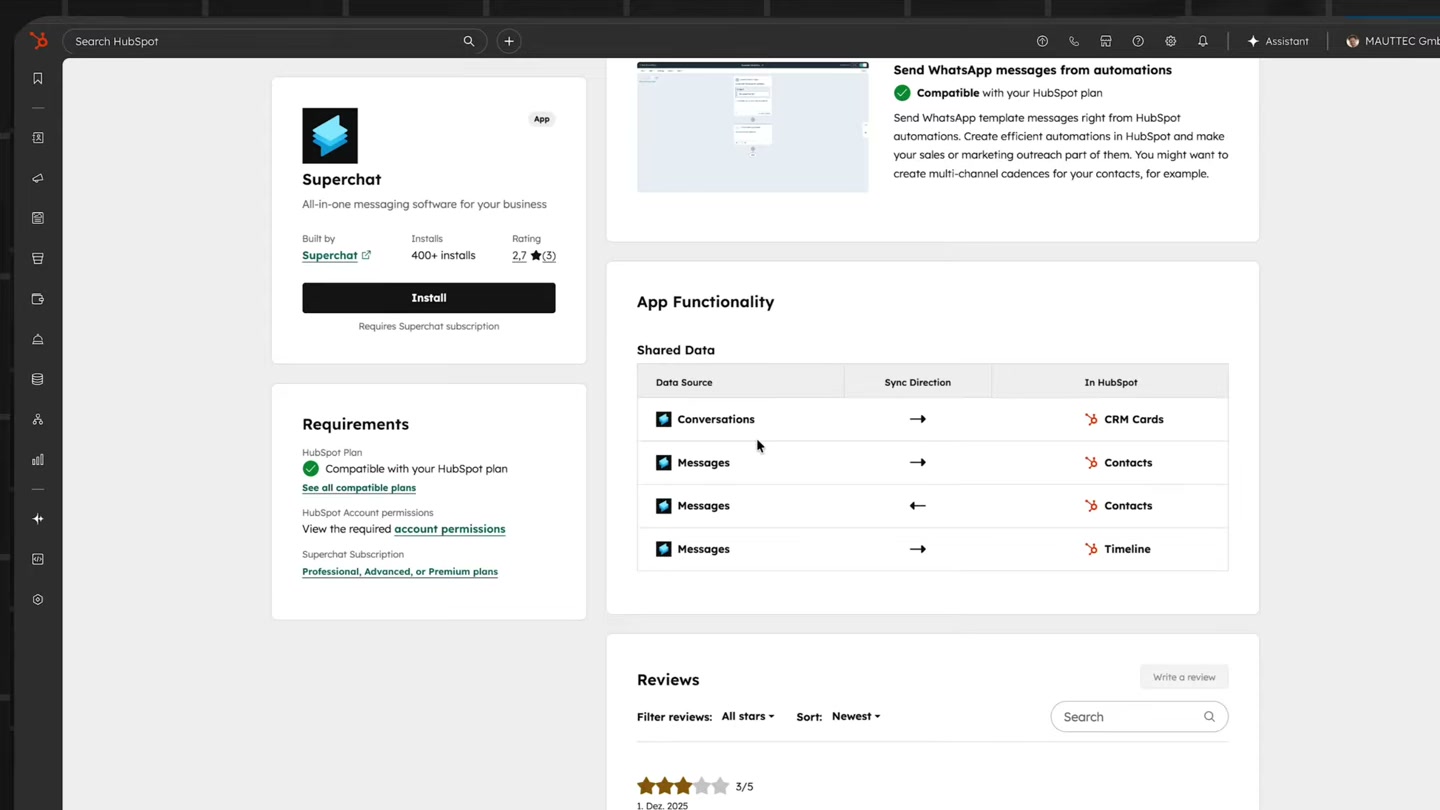 Superchat App im HubSpot Marketplace — Integration installieren, Shared Data und Sync-Richtung