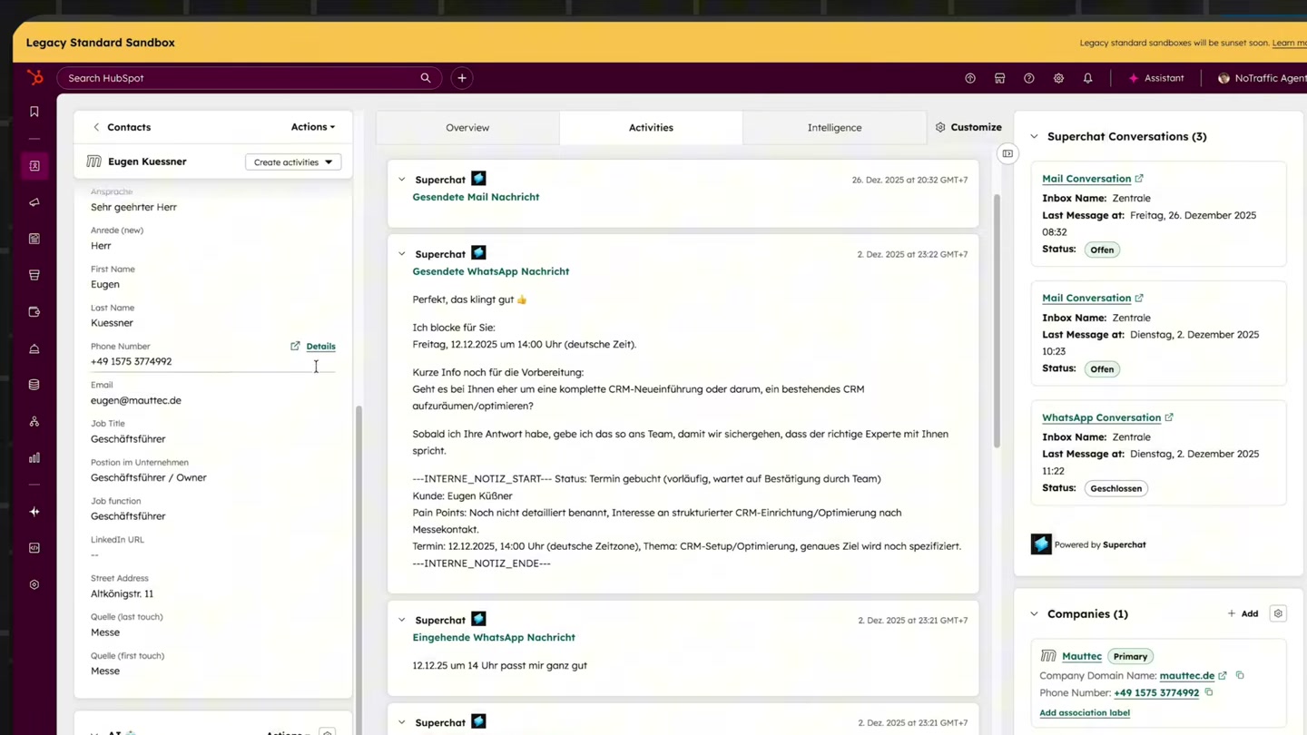 Superchat Inbox — WhatsApp-Konversation mit Kontaktdaten und CRM-Sidebar