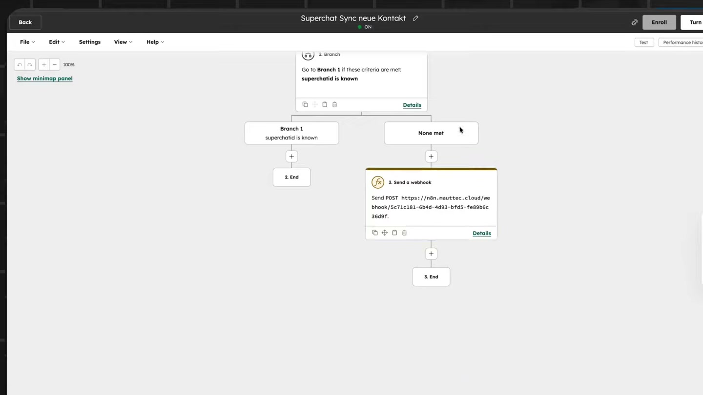 n8n Workflow — Superchat Sync neue Kontakte mit Branch-Logik und Webhook