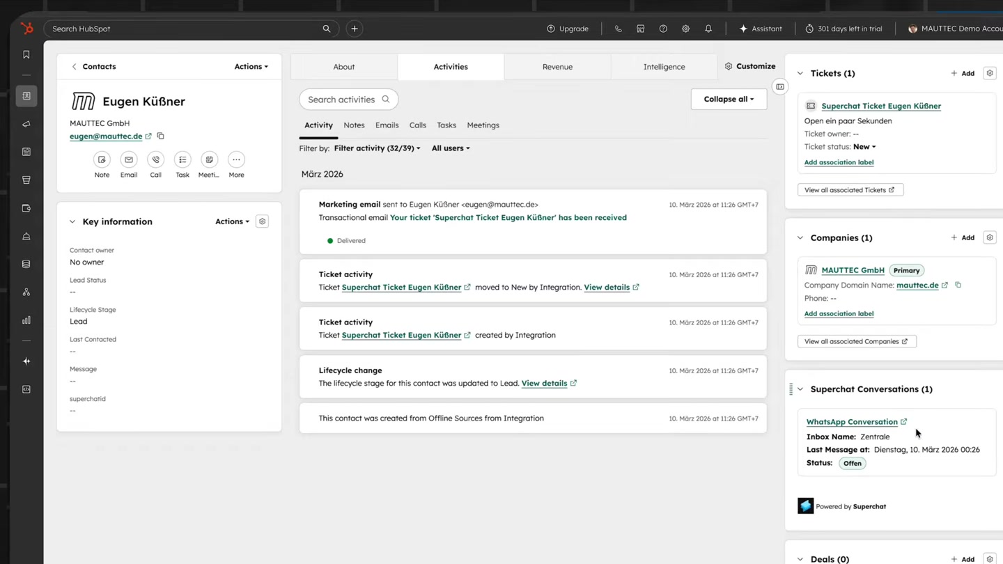 HubSpot Kontakt mit synchronisierten Superchat-Daten — Timeline, Tickets und Conversations