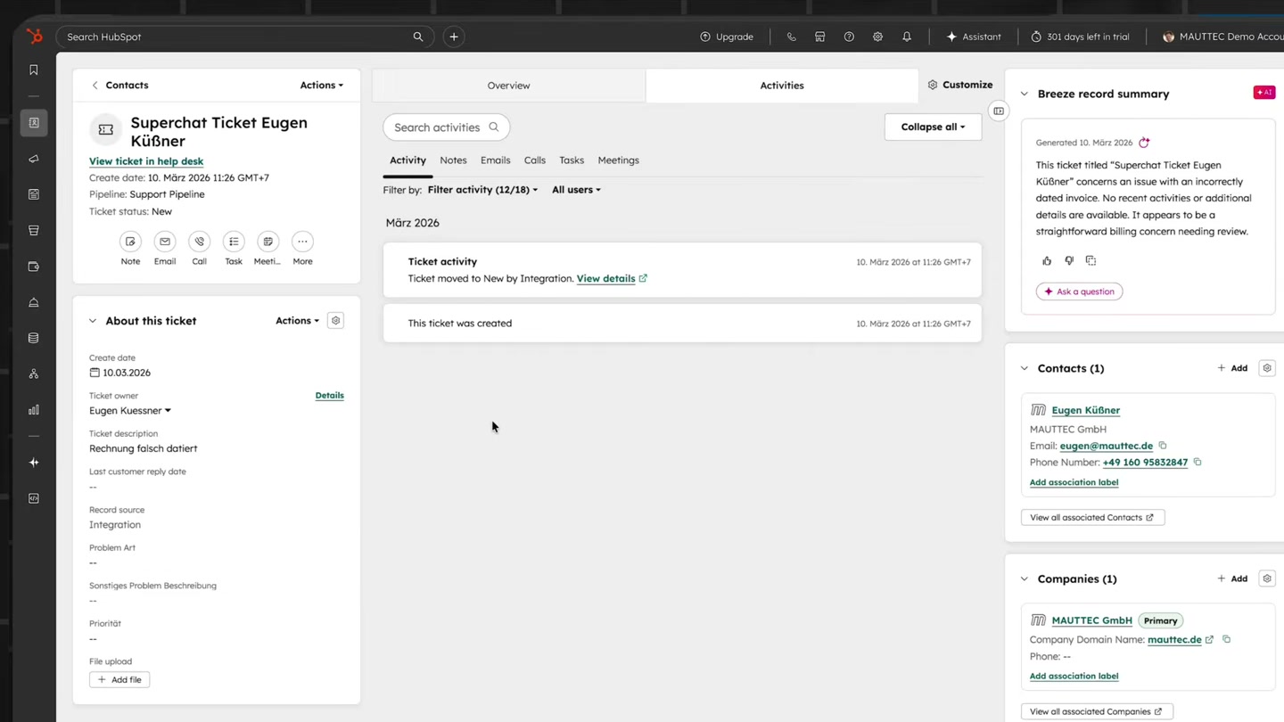 HubSpot Ticket automatisch erstellt aus Superchat WhatsApp-Anfrage mit Kontaktdaten