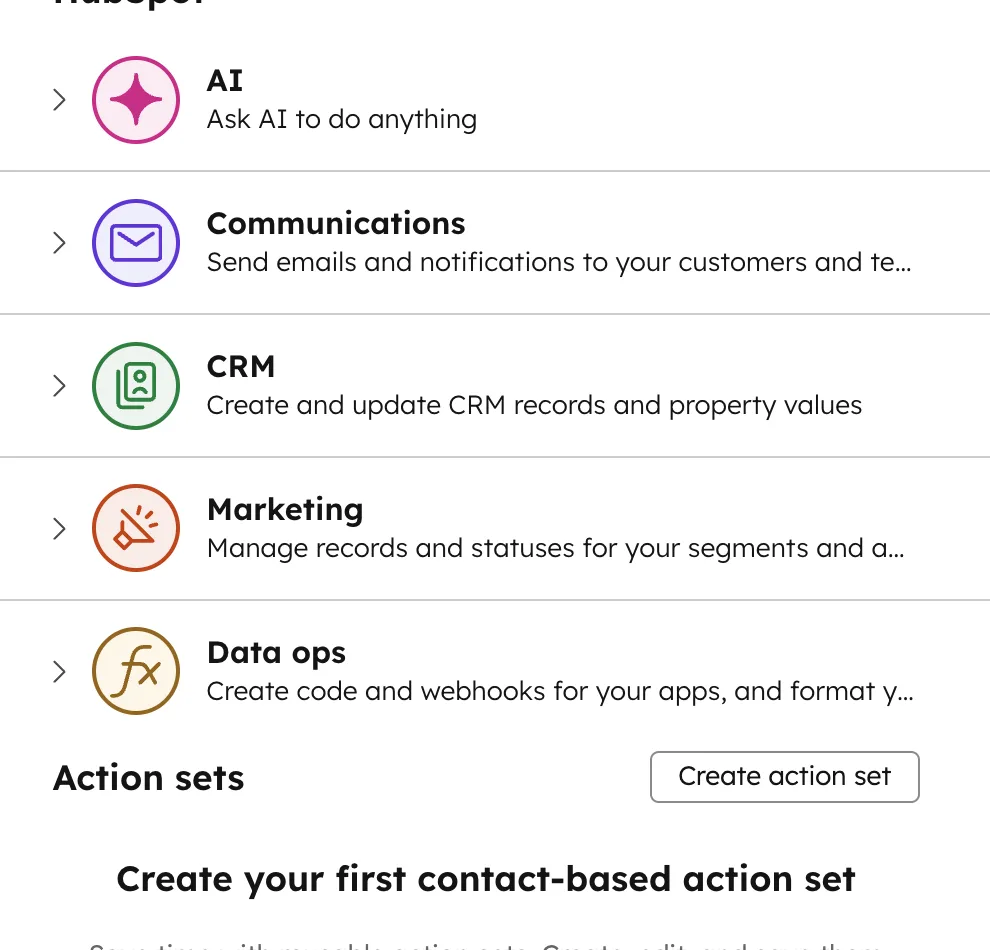 HubSpot Workflow Aktionen Übersicht — Kategorien AI, Communications, CRM, Marketing und Data Ops