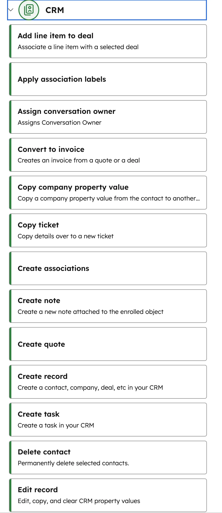 HubSpot Workflow CRM-Aktionen — Add line item, Create task, Create record, Edit record, Delete contact und mehr