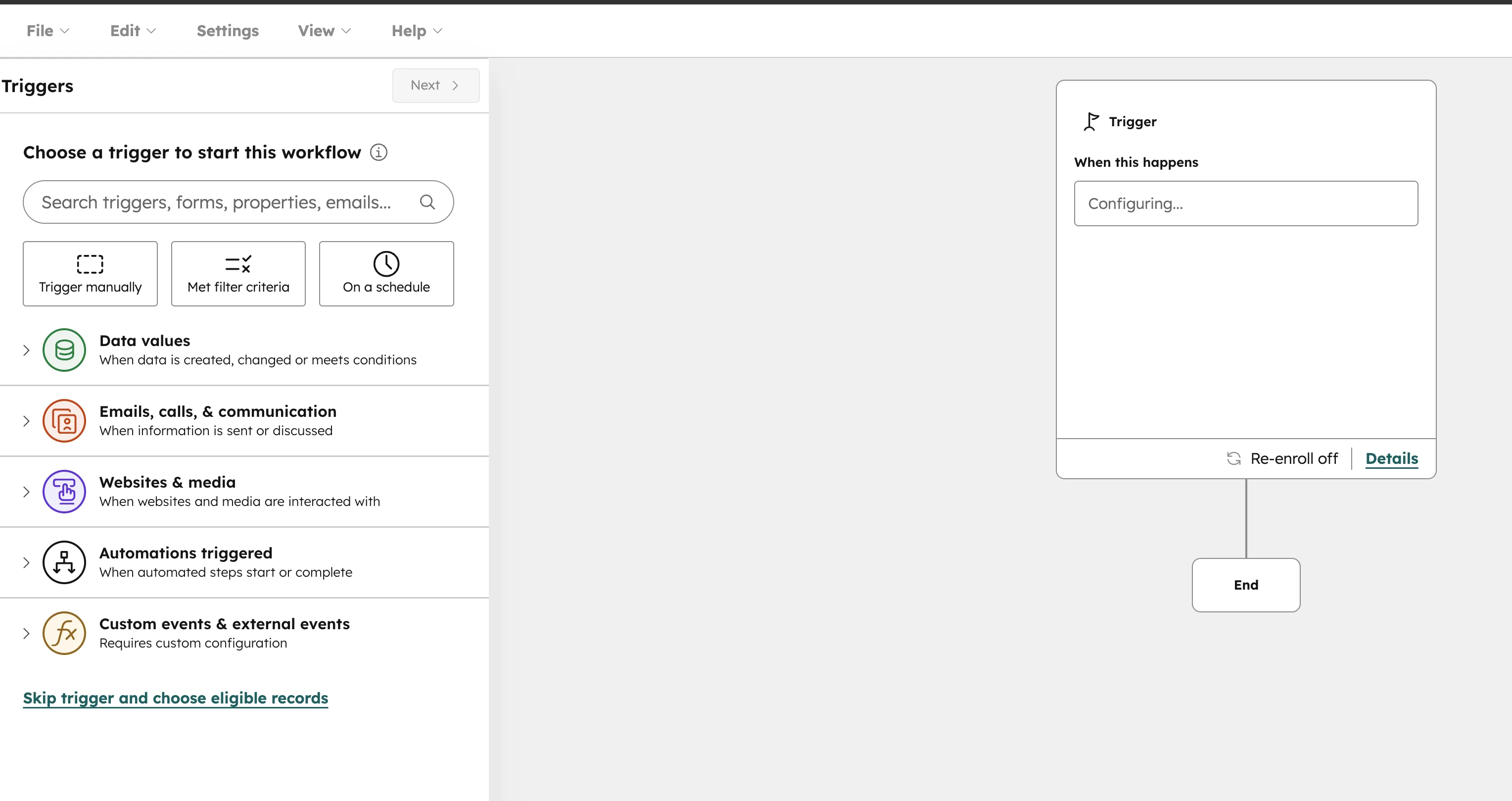 HubSpot Workflow Trigger-Auswahl im Editor — Kategorien wie Data Values, Emails, Websites und Automations