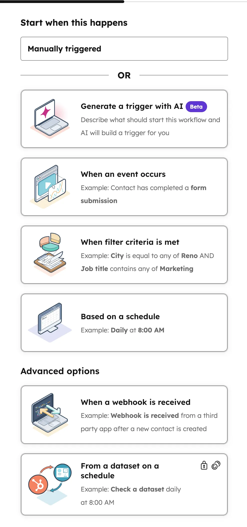 HubSpot Workflow Trigger-Typen im Detail — Manual, AI-generated, Event, Filter criteria, Schedule, Webhook und Dataset