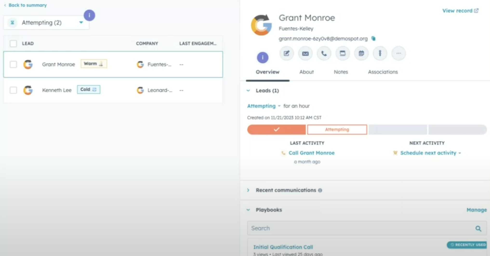HubSpot CRM Kontakt-Datensatz: Kontaktdetails, Aktivitäten und zugeordnete Unternehmen in der Prospect-Ansicht