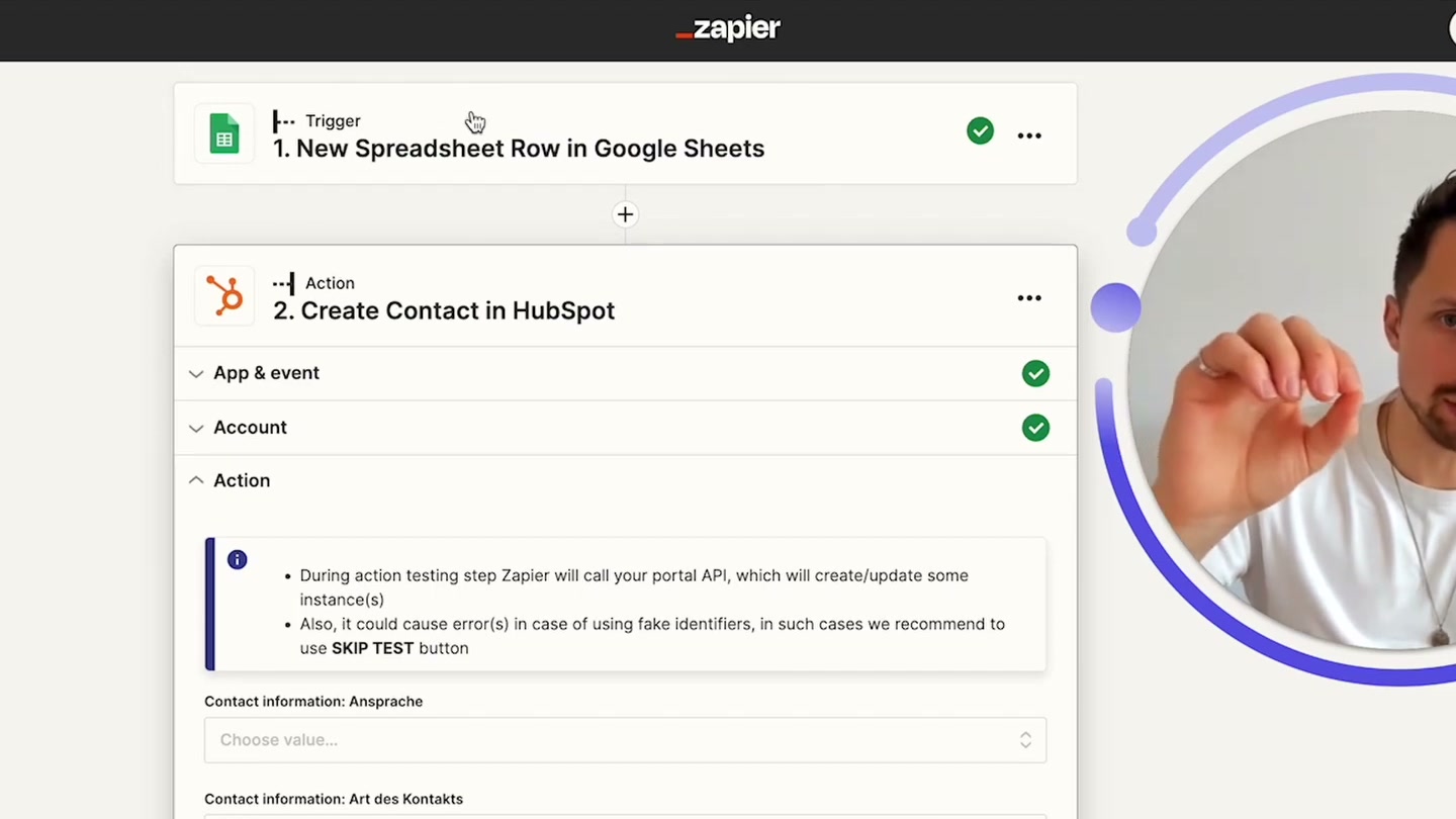 Zapier Zap-Builder: Trigger 'New Spreadsheet Row in Google Sheets' und Action 'Create Contact in HubSpot'