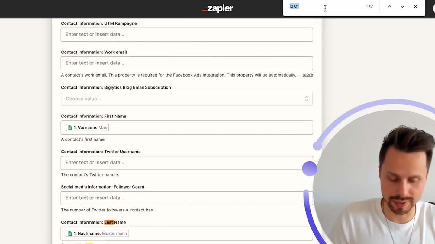 Zapier Field Mapping: Google Sheets Spalten werden HubSpot Kontaktfeldern zugeordnet