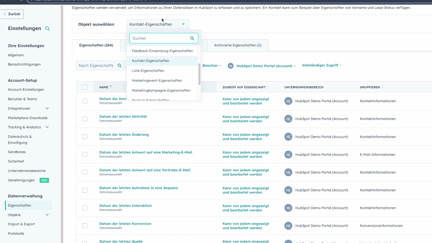 HubSpot CRM mit über 260 vordefinierten Kontakt-Eigenschaften