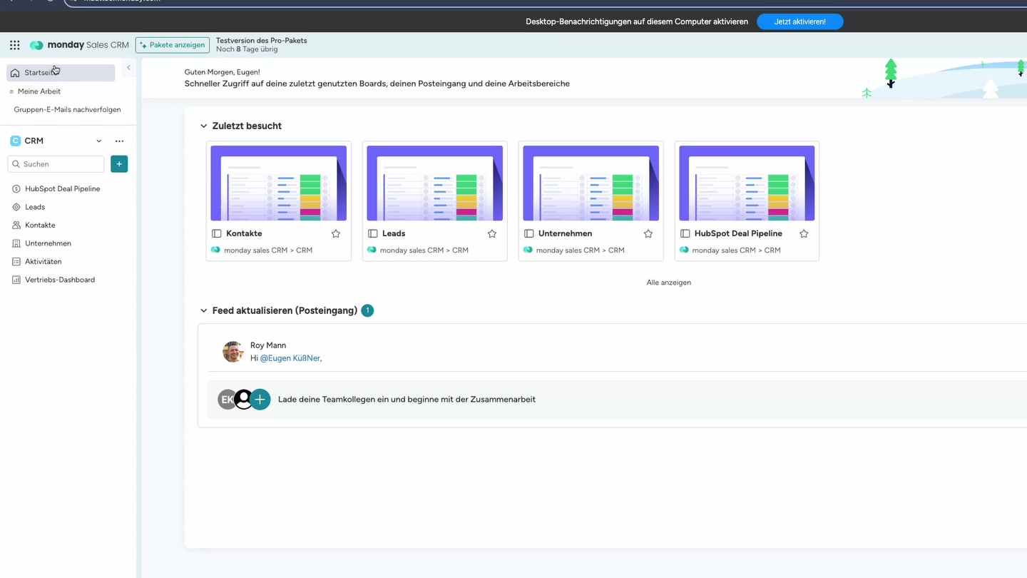 Monday CRM Dashboard mit Übersicht über Deals, Pipeline und Aktivitäten
