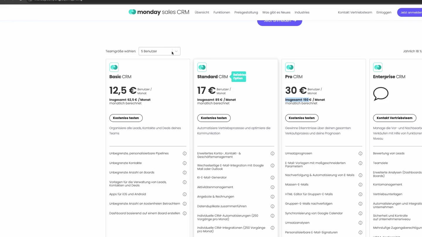 Monday CRM Preisübersicht 2026 mit Basic, Standard, Pro und Enterprise Plänen