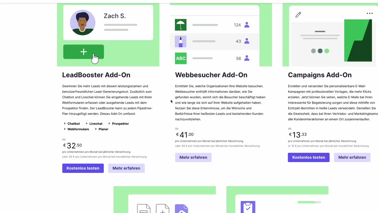 Pipedrive Add-Ons: LeadBooster 33€, Webbesucher 41€, Campaigns 13€ pro Monat