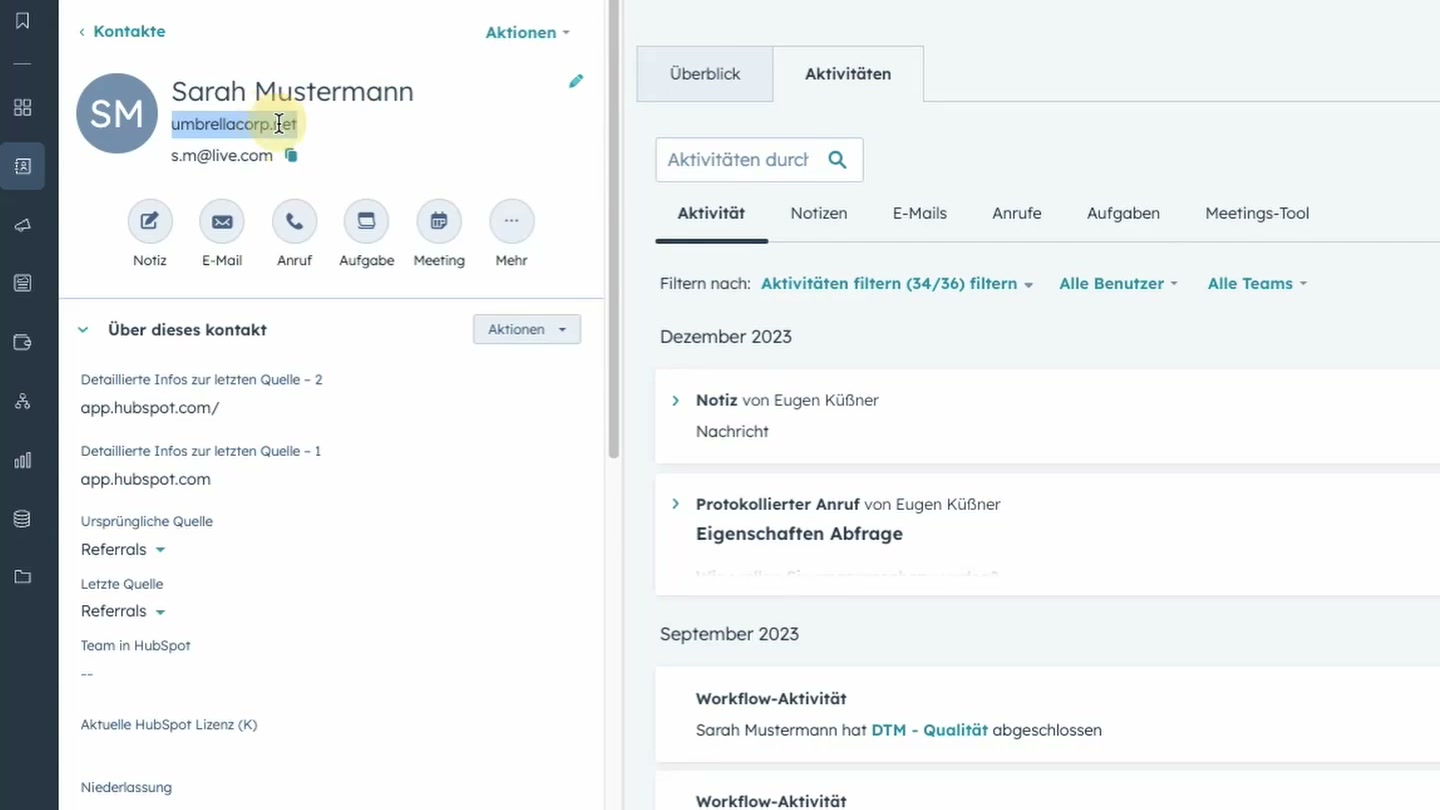 HubSpot Kontakt-Detailansicht mit Aktivitäten, Notizen und Workflow-Historie