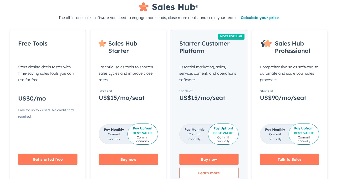HubSpot Sales Hub Pricing: Free Tools, Starter 15$/Monat, Professional 90$/Monat