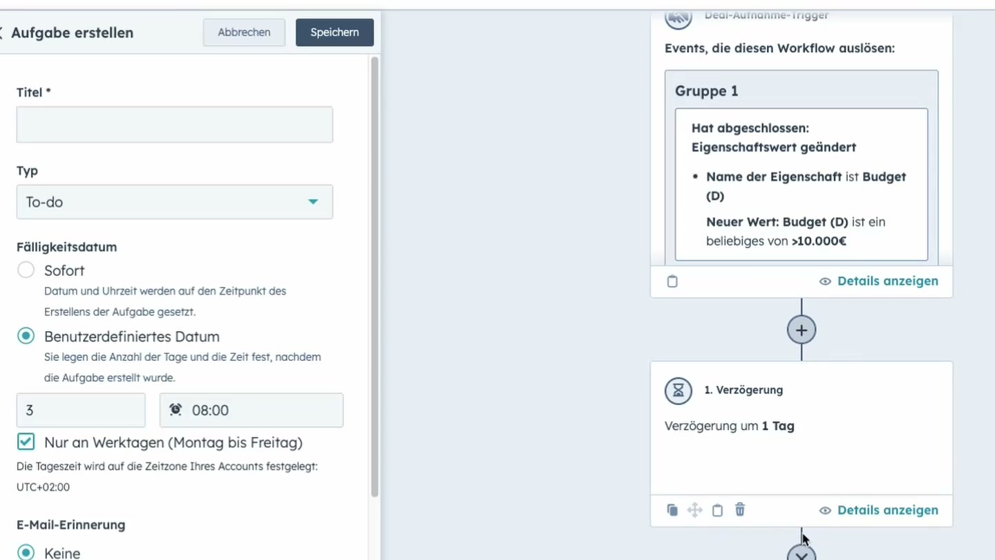 HubSpot Workflow mit Trigger, Verzögerung und Aufgaben-Erstellung