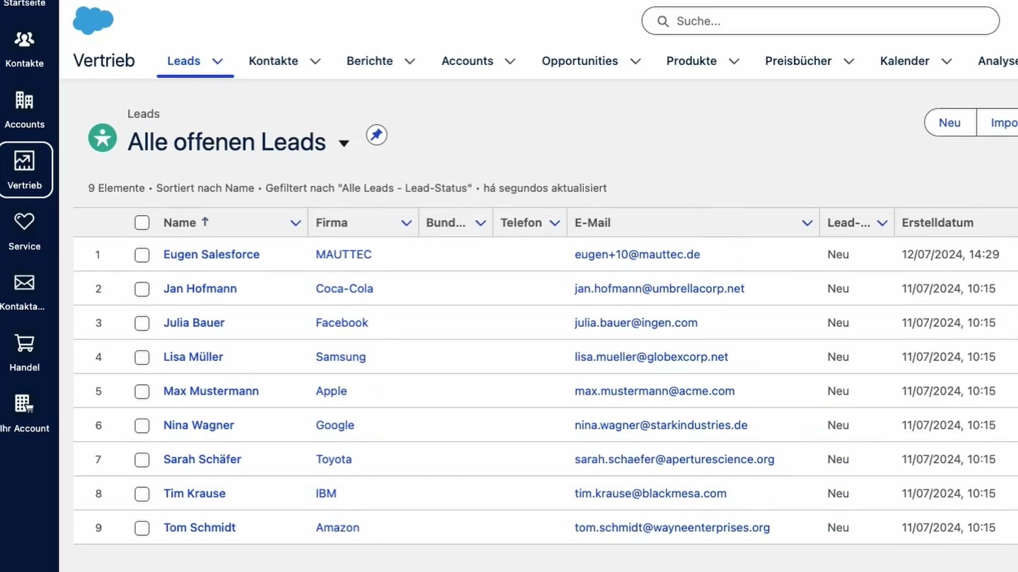 Salesforce Leads-Listenansicht mit allen offenen Leads, Firmen und Lead-Status