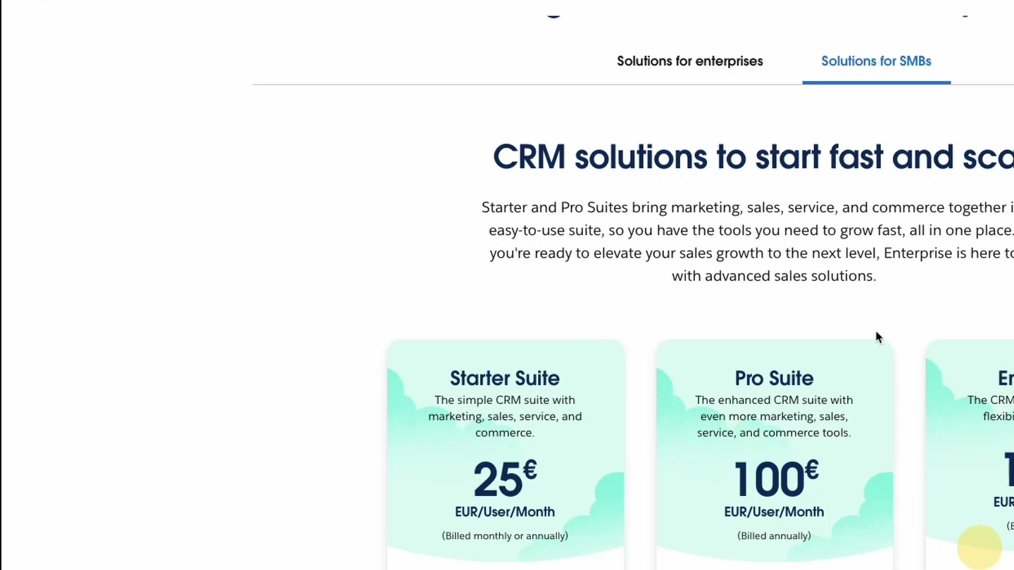 Salesforce Pricing: Starter Suite 25€, Pro Suite 100€, Enterprise 175€ pro User pro Monat