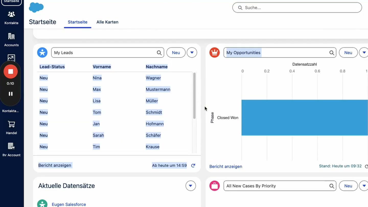 Salesforce Startseite mit Lead-Übersicht, Opportunities und Dashboard