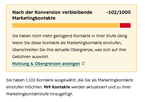 HubSpot Marketing-Kontakt-Konvertierung mit Warnung über 1.000-Limit