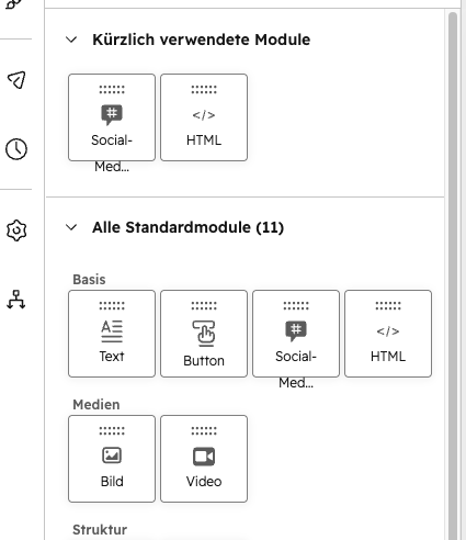 HubSpot E-Mail Editor mit Drag-und-Drop-Modulen Text, Button, Bild